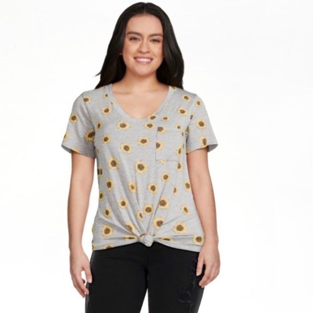 nwt no boundaries women's t shirt v neck sunflower scrunched front short sleeve
